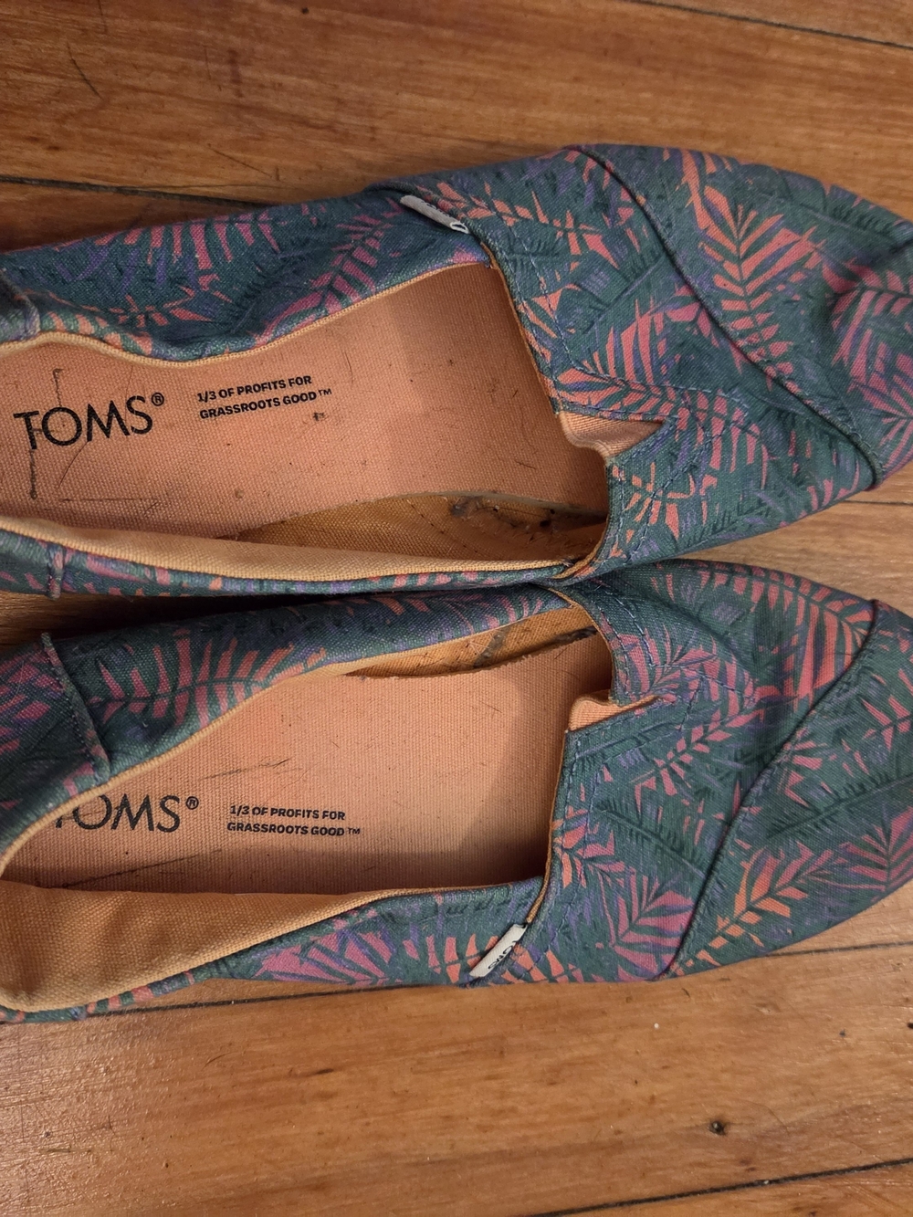 Toms Women's Teal Canvas Slip-Ons with Pink Leaf Print